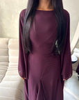 Mysa Plum Mesh Lined Frill Detail Modest Dress