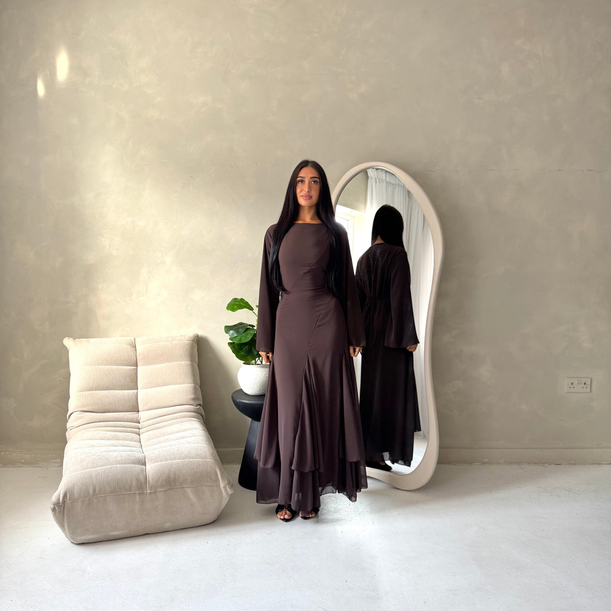 Mysa Brown Mesh Lined Frill Detail Modest Dress
