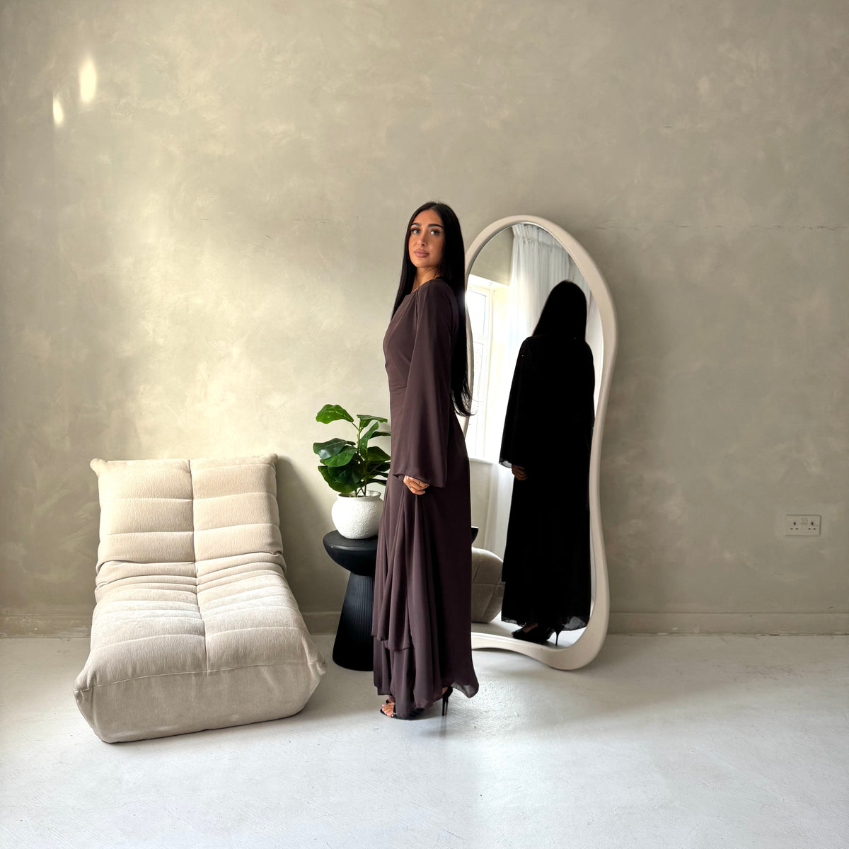 Mysa Brown Mesh Lined Frill Detail Modest Dress