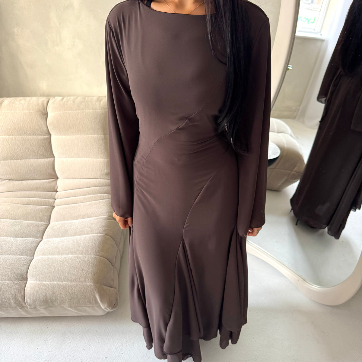 Mysa Brown Mesh Lined Frill Detail Modest Dress