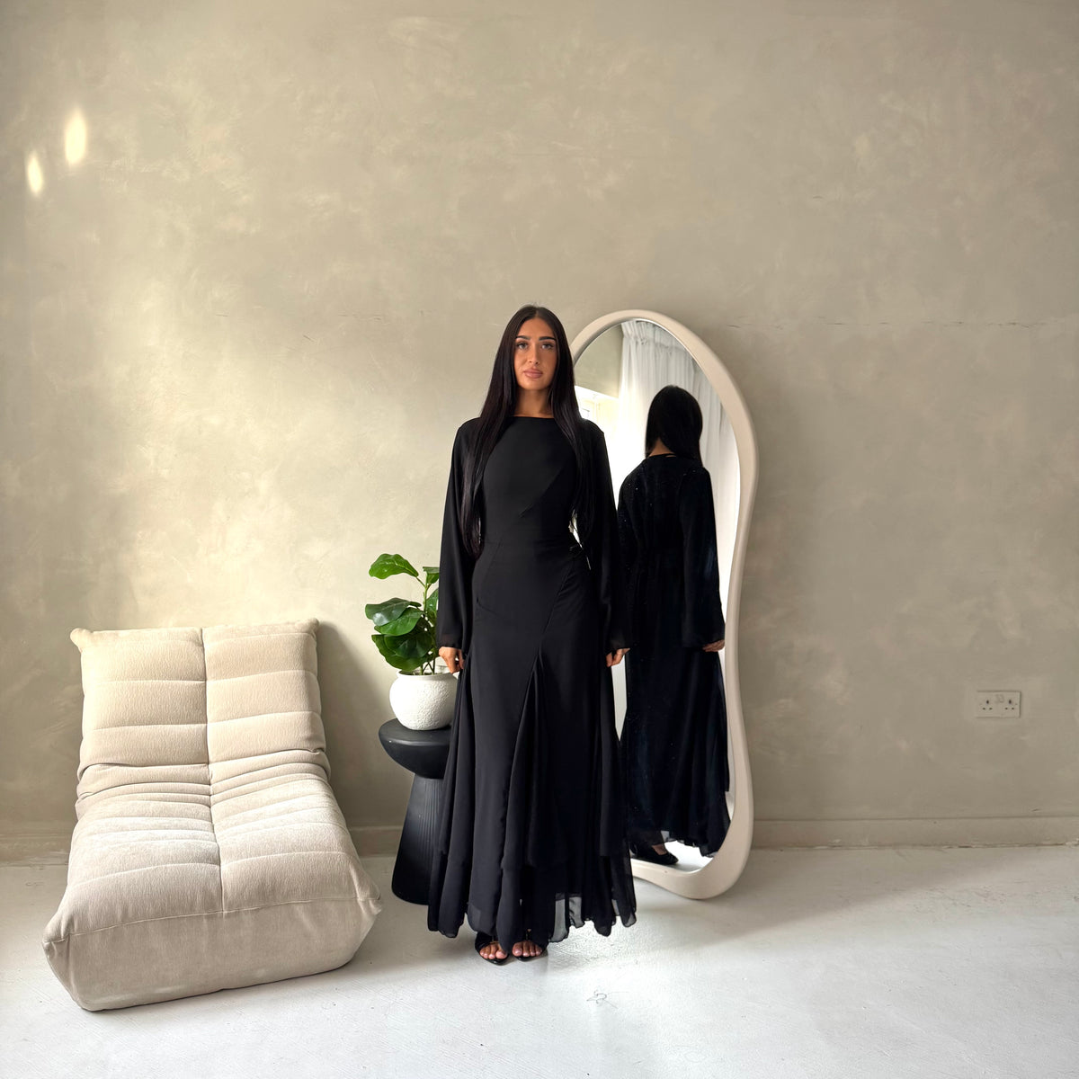 Mysa Black Mesh Lined Frill Detail Modest Dress