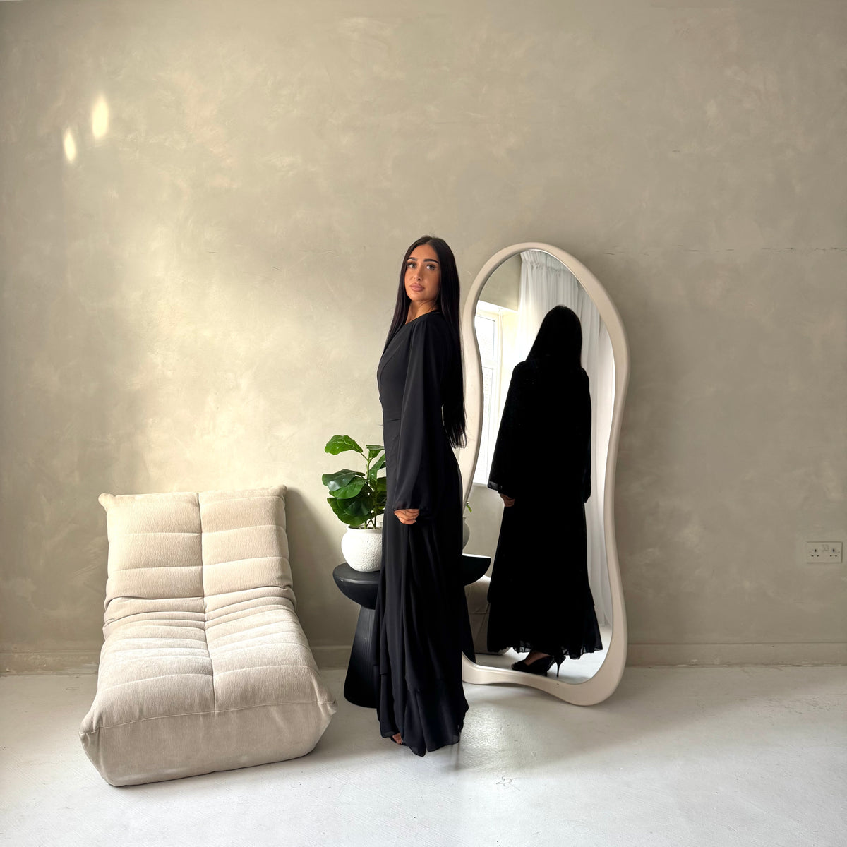 Mysa Black Mesh Lined Frill Detail Modest Dress