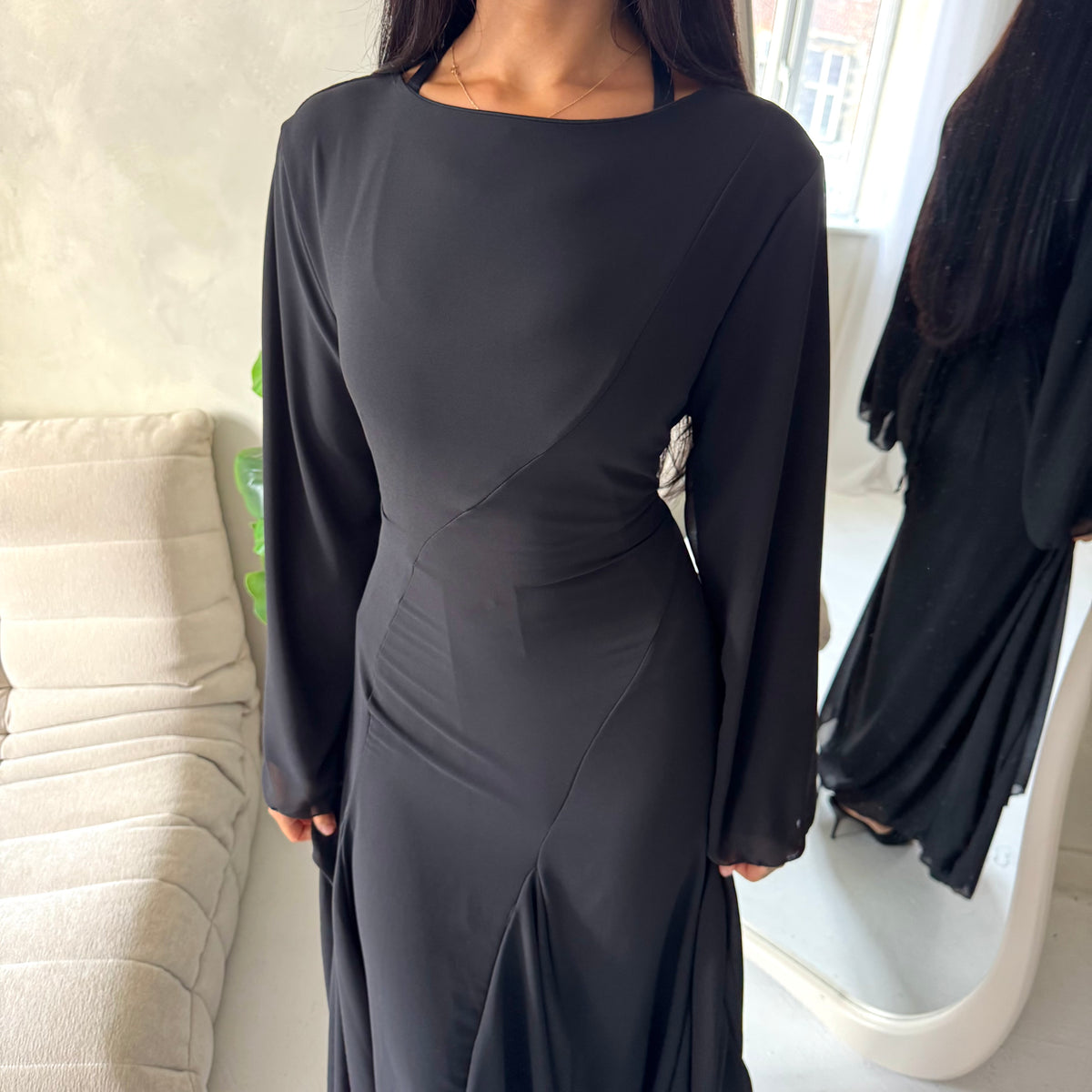 Mysa Black Mesh Lined Frill Detail Modest Dress