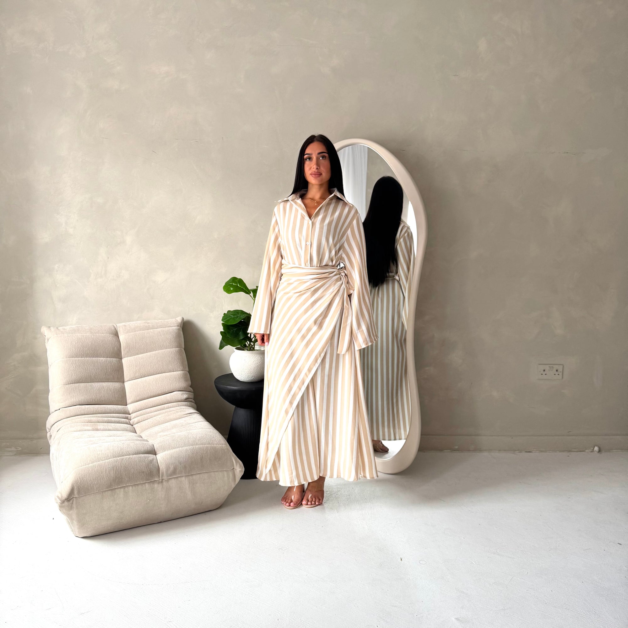 Ina Beige Summer Striped Waist Wrap Shirt Dress