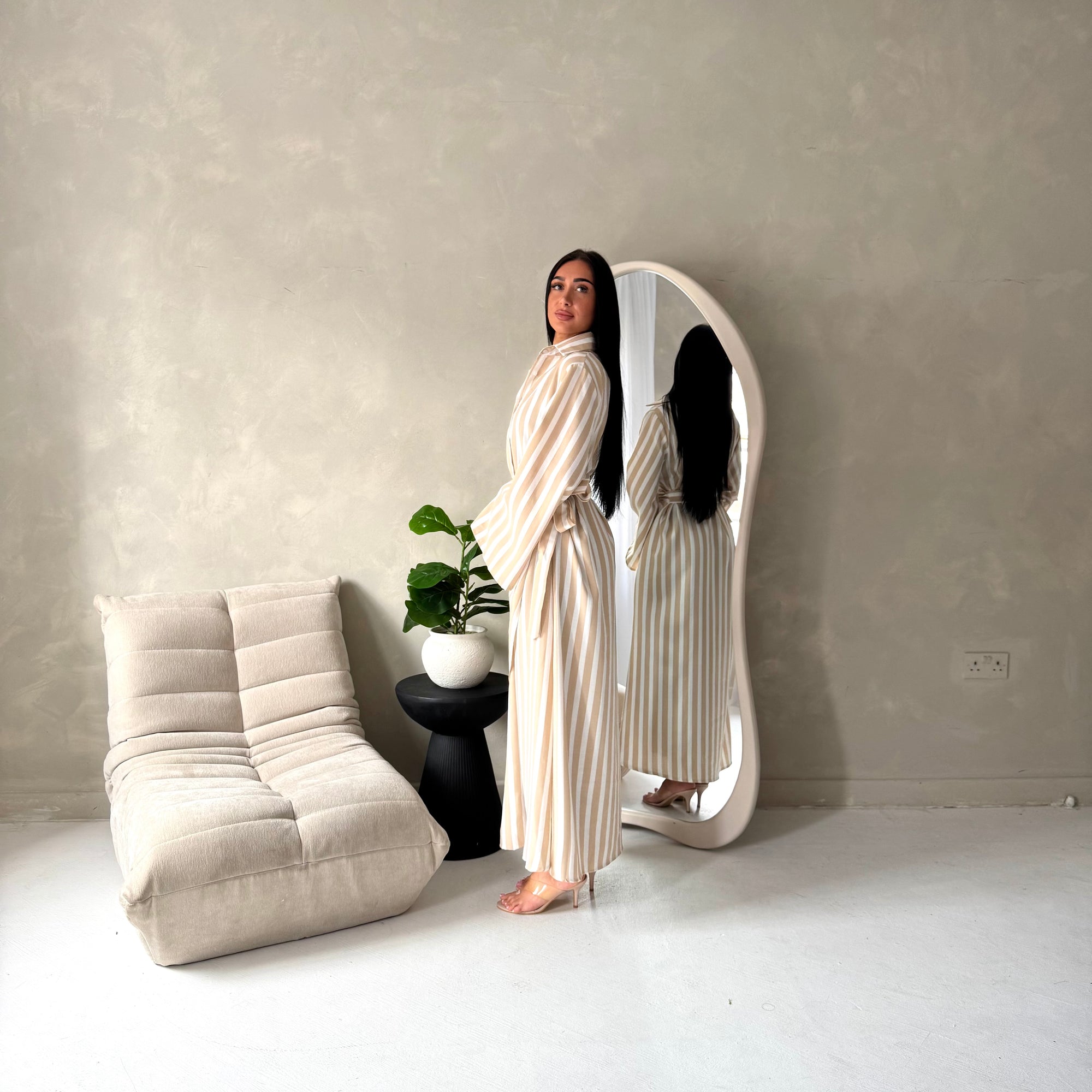 Ina Beige Summer Striped Waist Wrap Shirt Dress