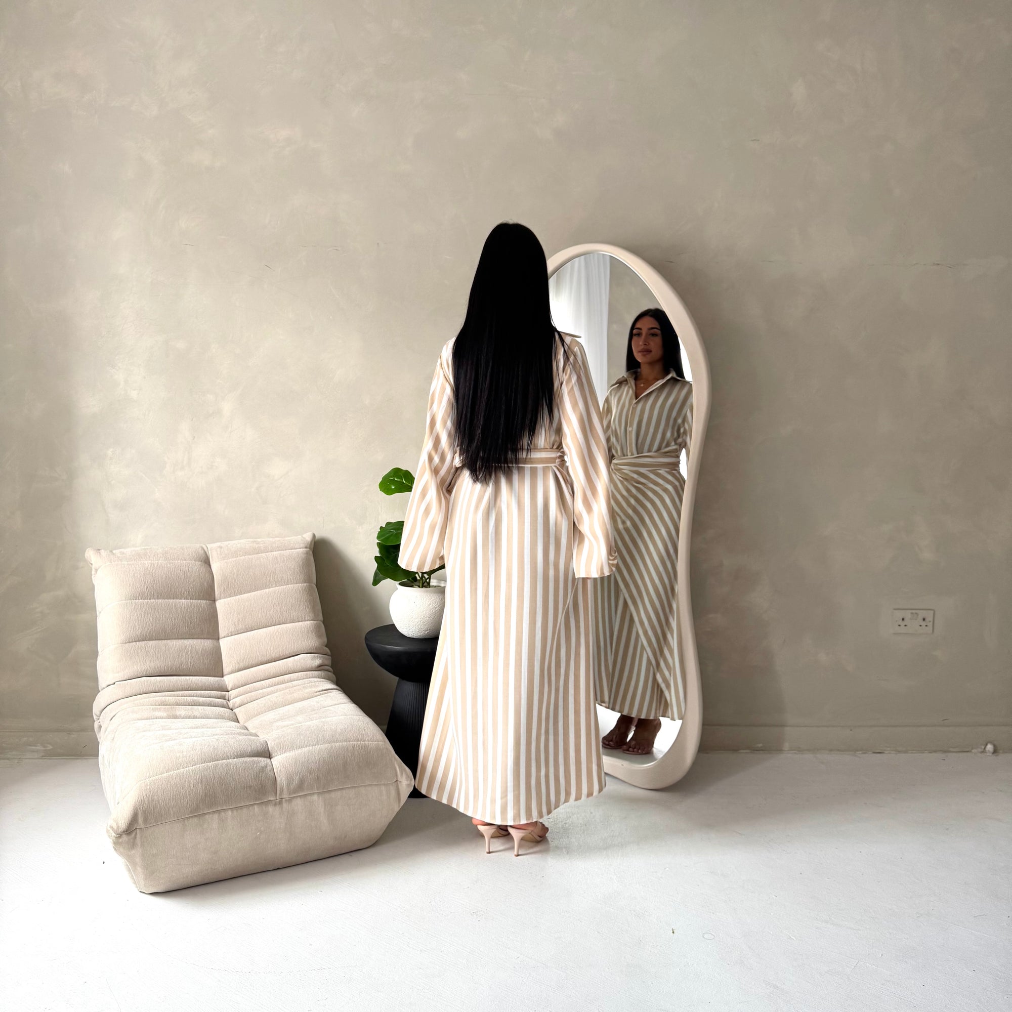 Ina Beige Summer Striped Waist Wrap Shirt Dress