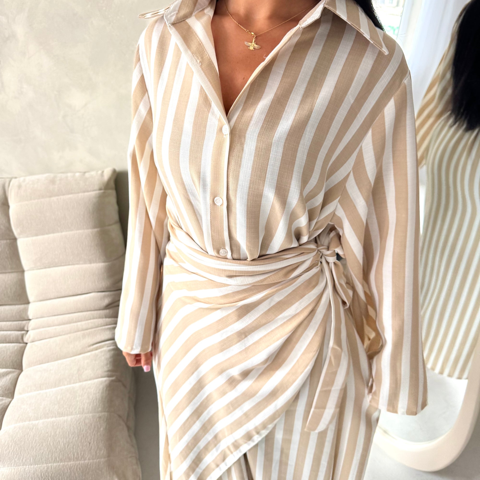 Ina Beige Summer Striped Waist Wrap Shirt Dress