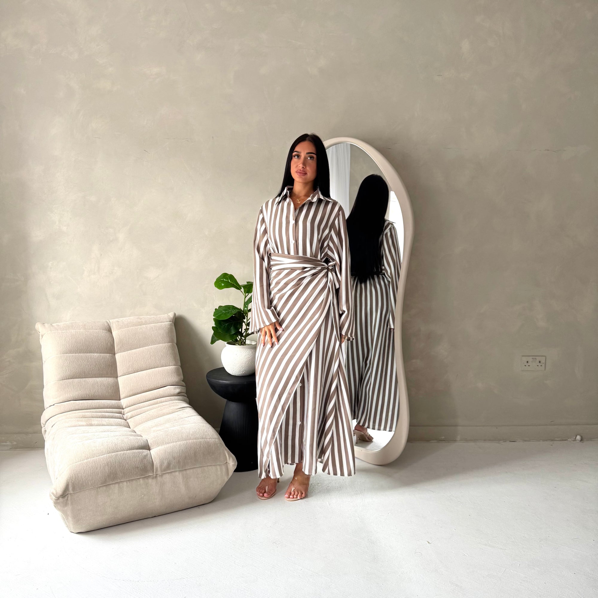 Ina Mocha Summer Striped Waist Wrap Shirt Dress