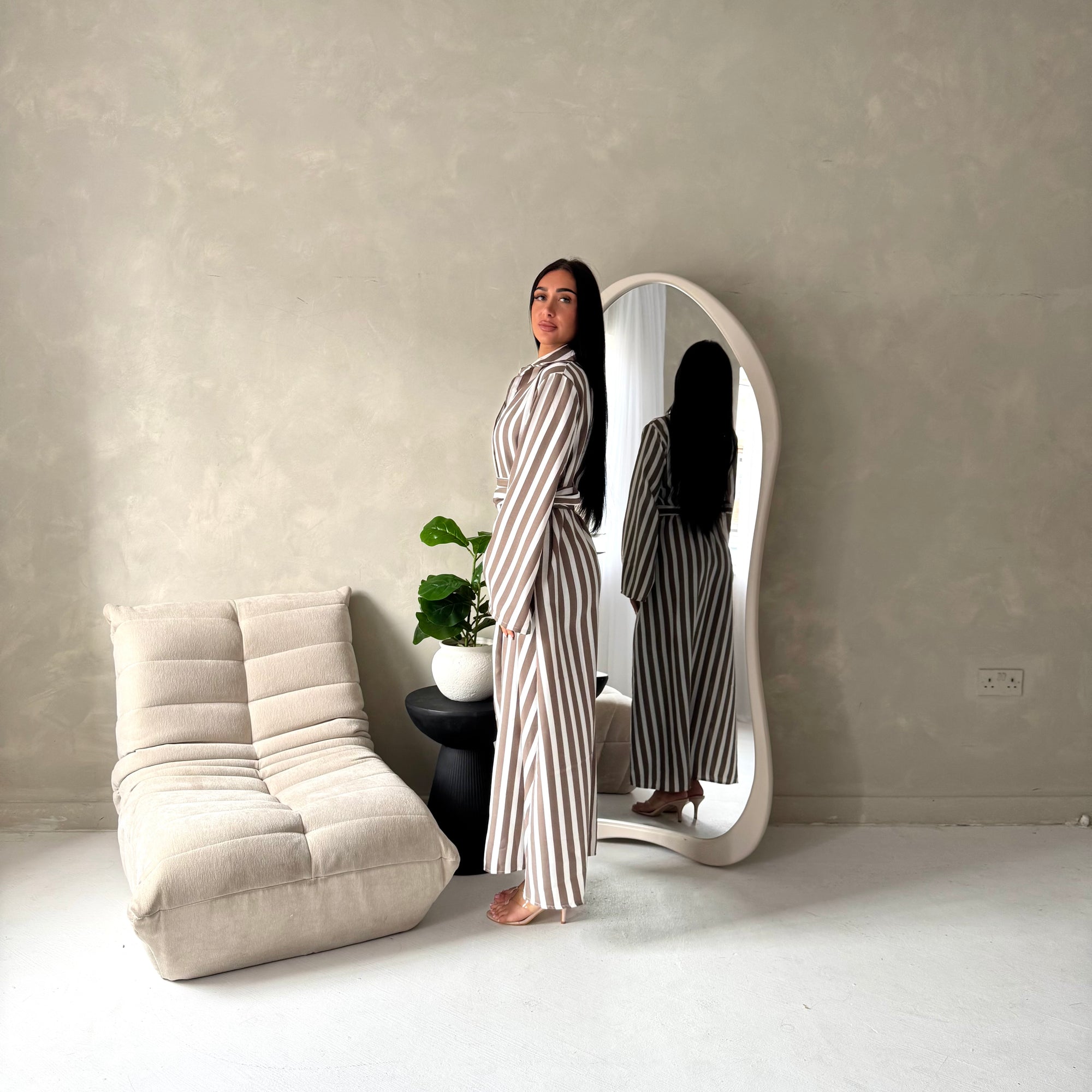 Ina Mocha Summer Striped Waist Wrap Shirt Dress