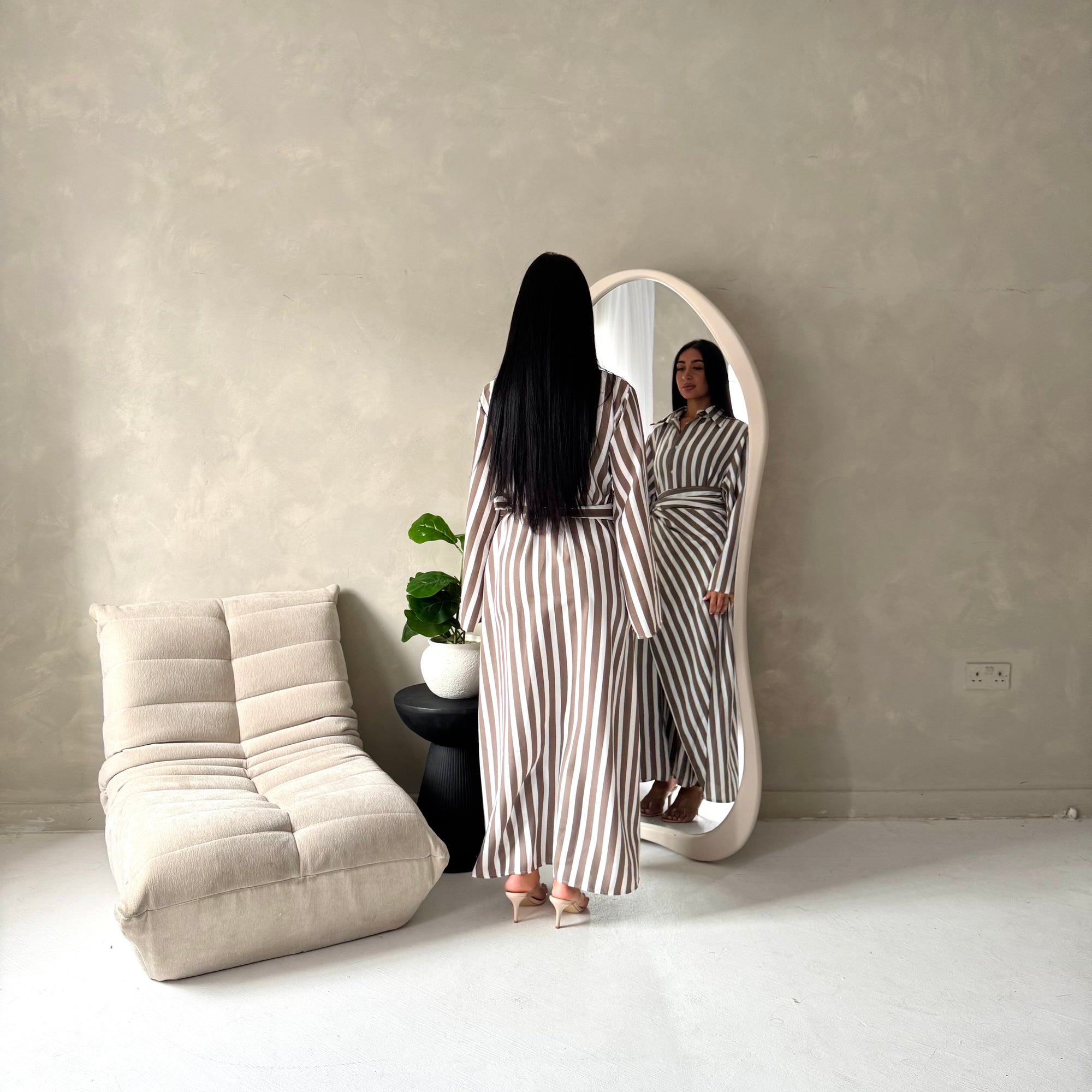 Ina Mocha Summer Striped Waist Wrap Shirt Dress