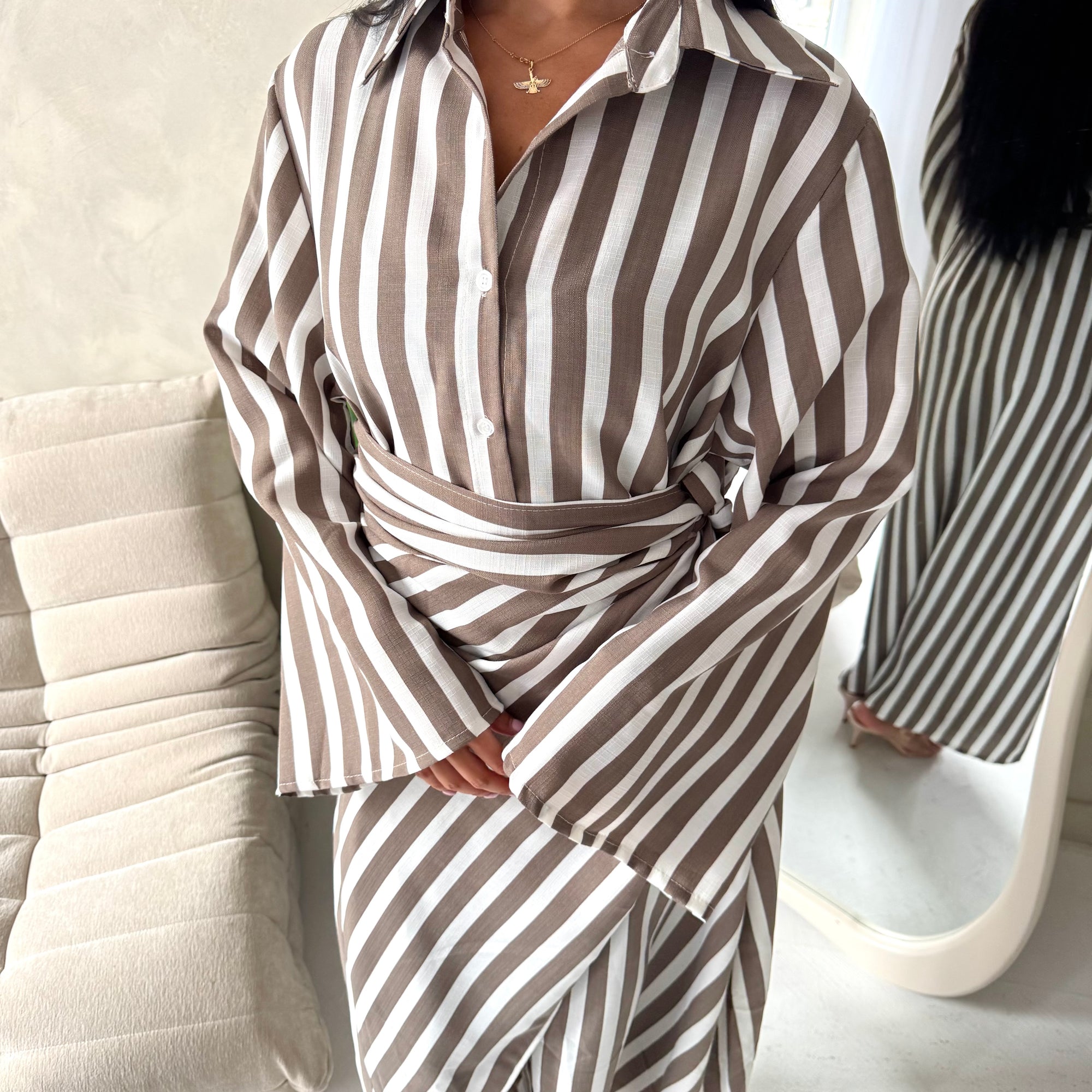 Ina Mocha Summer Striped Waist Wrap Shirt Dress