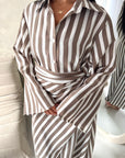Ina Mocha Summer Striped Waist Wrap Shirt Dress