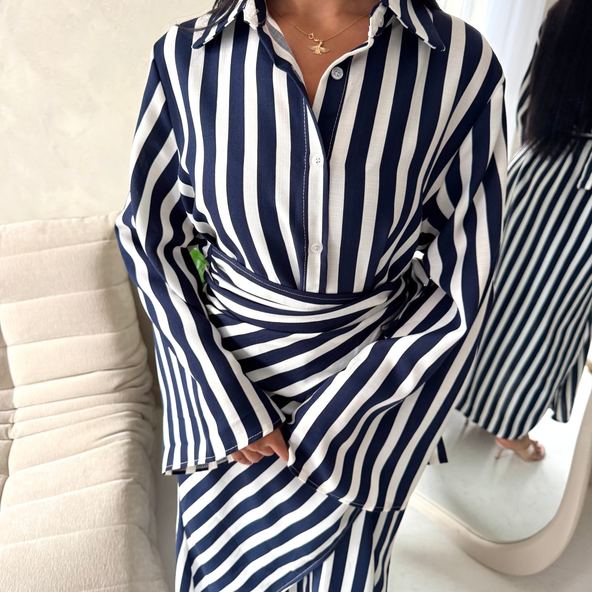 Ina Navy Summer Striped Waist Wrap Shirt Dress