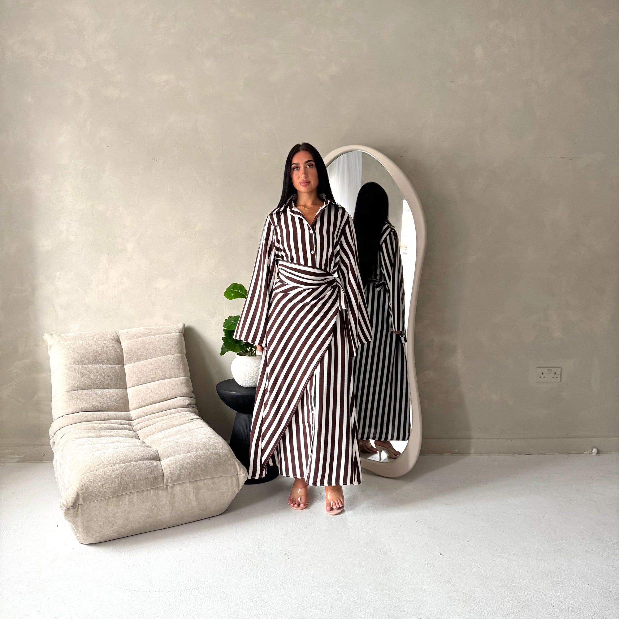 Ina Brown Summer Striped Waist Wrap Shirt Dress