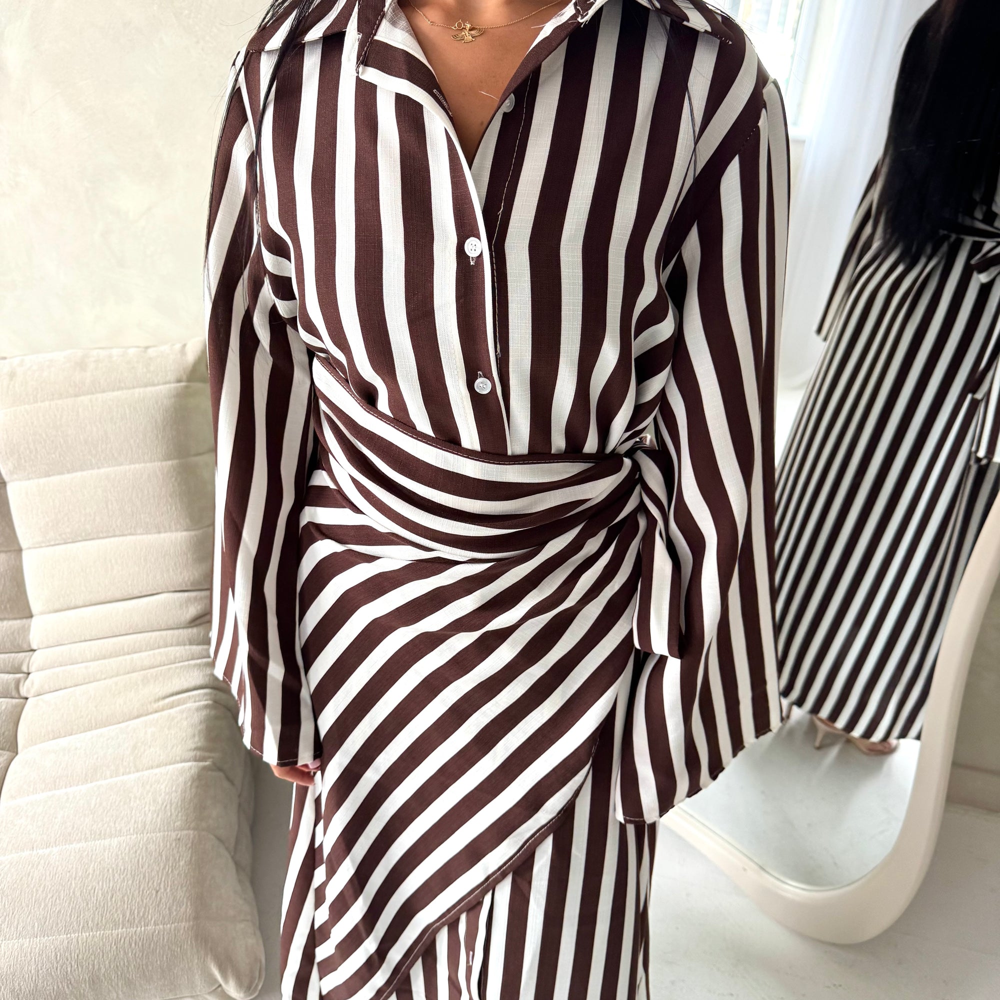 Ina Brown Summer Striped Waist Wrap Shirt Dress
