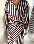 Ina Brown Summer Striped Waist Wrap Shirt Dress