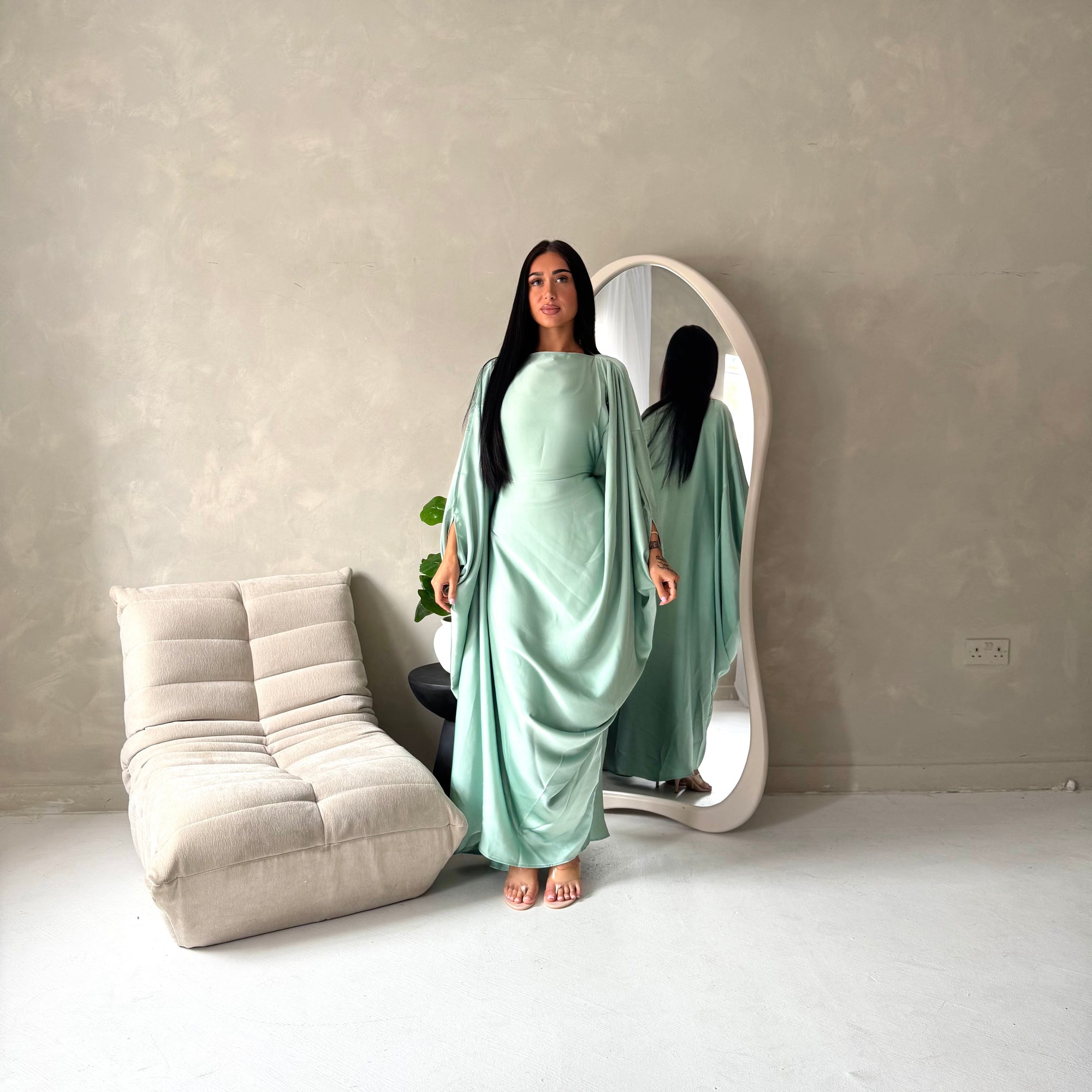 Sahra Mint Satin Shoulder Gather Kaftan Dress