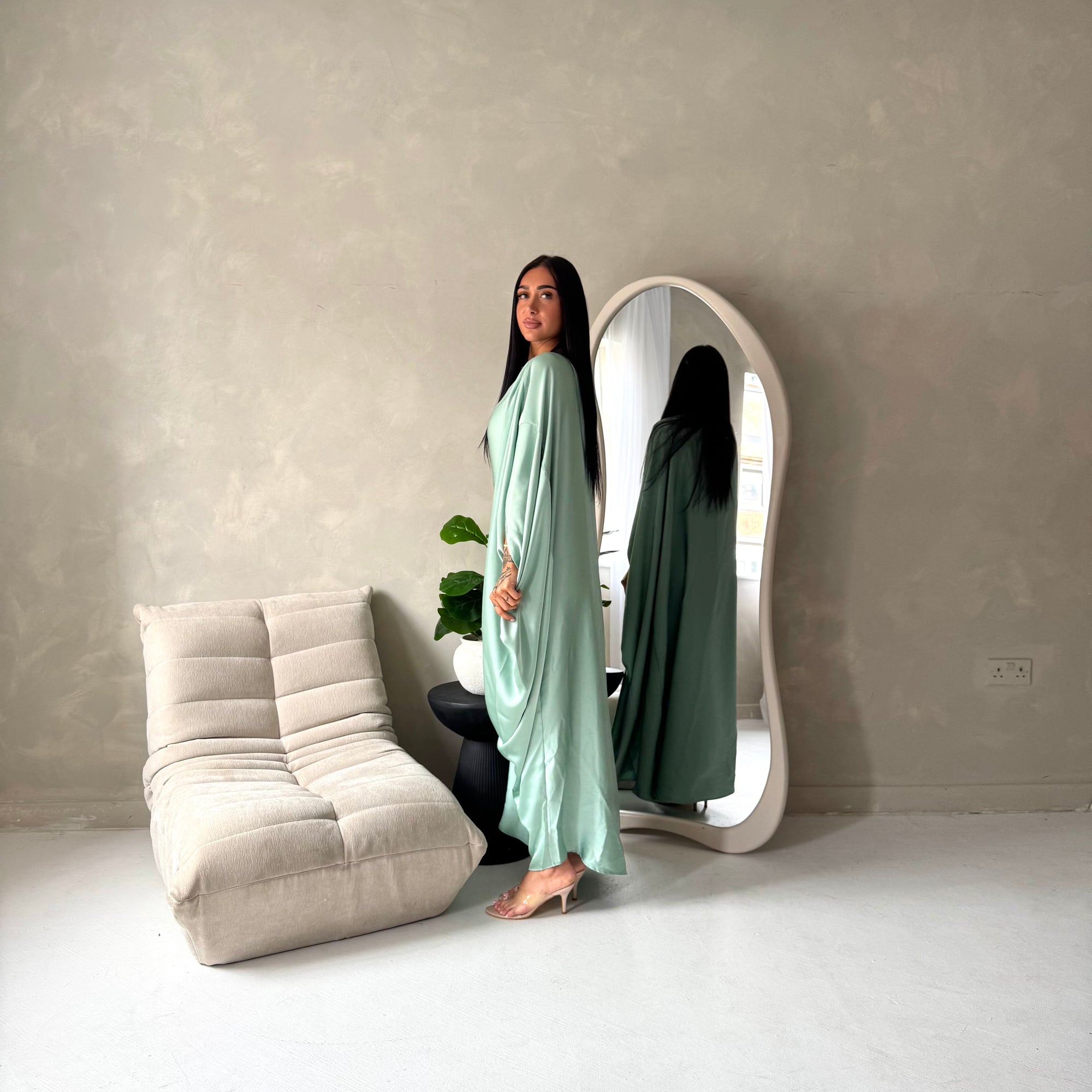 Sahra Mint Satin Shoulder Gather Kaftan Dress