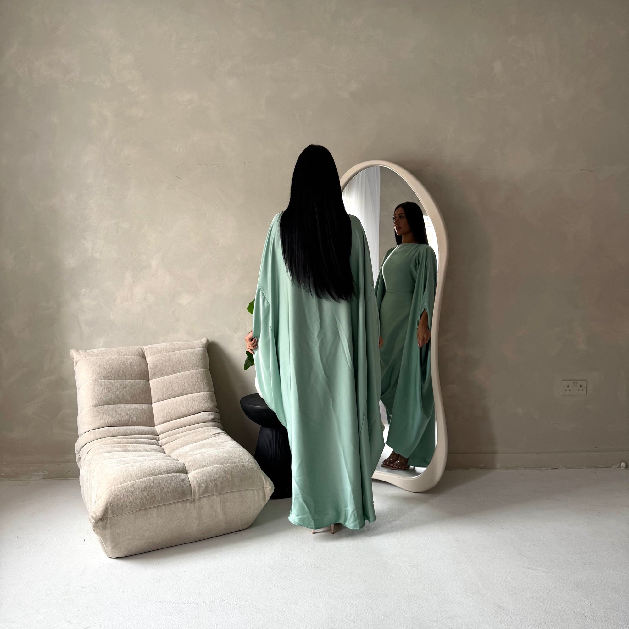 Sahra Mint Satin Shoulder Gather Kaftan Dress