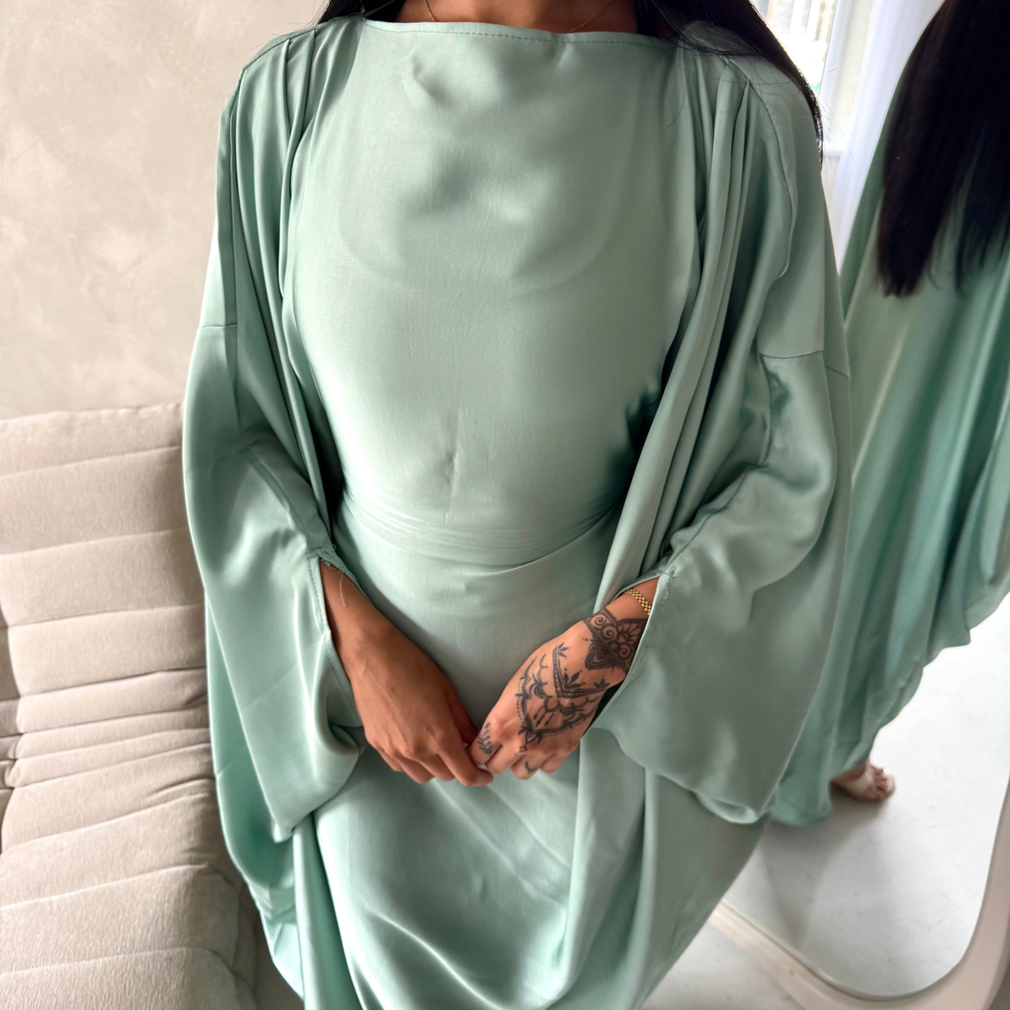 Sahra Mint Satin Shoulder Gather Kaftan Dress