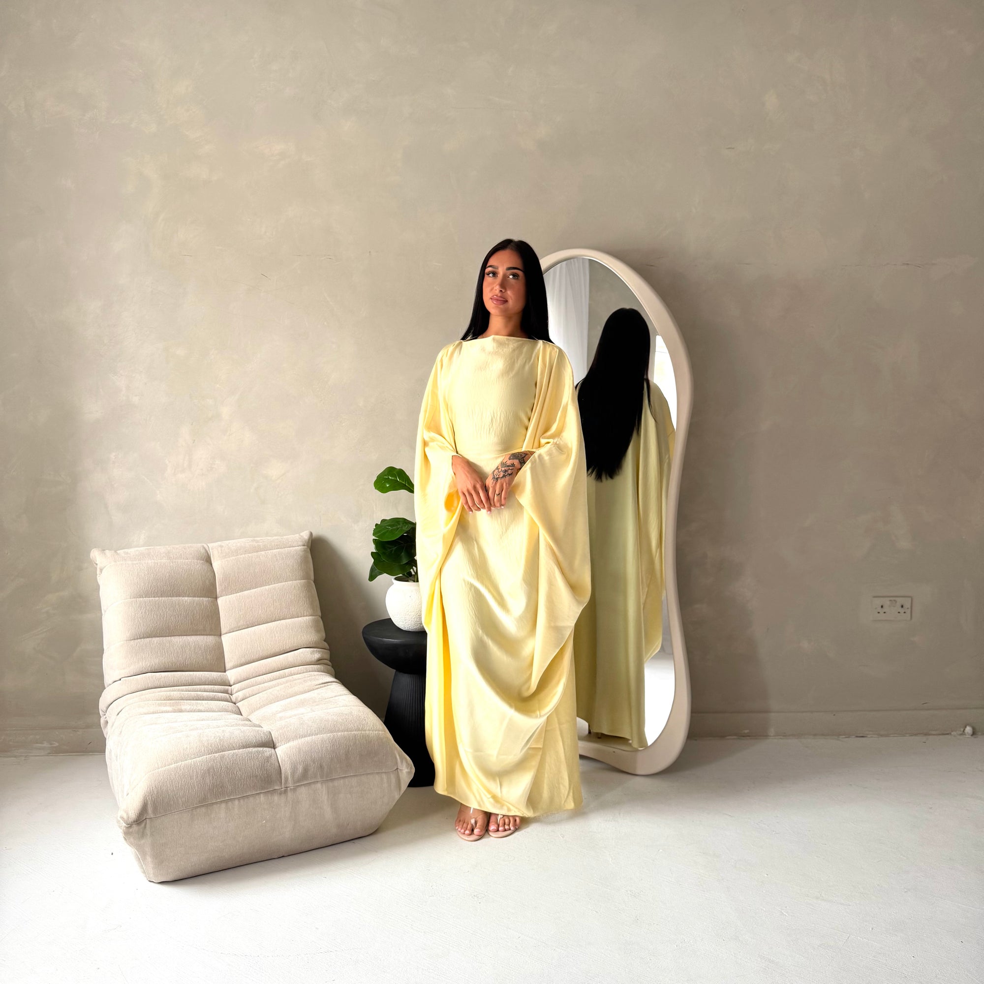 Sahra Yellow Satin Shoulder Gather Kaftan Dress