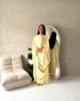Sahra Yellow Satin Shoulder Gather Kaftan Dress