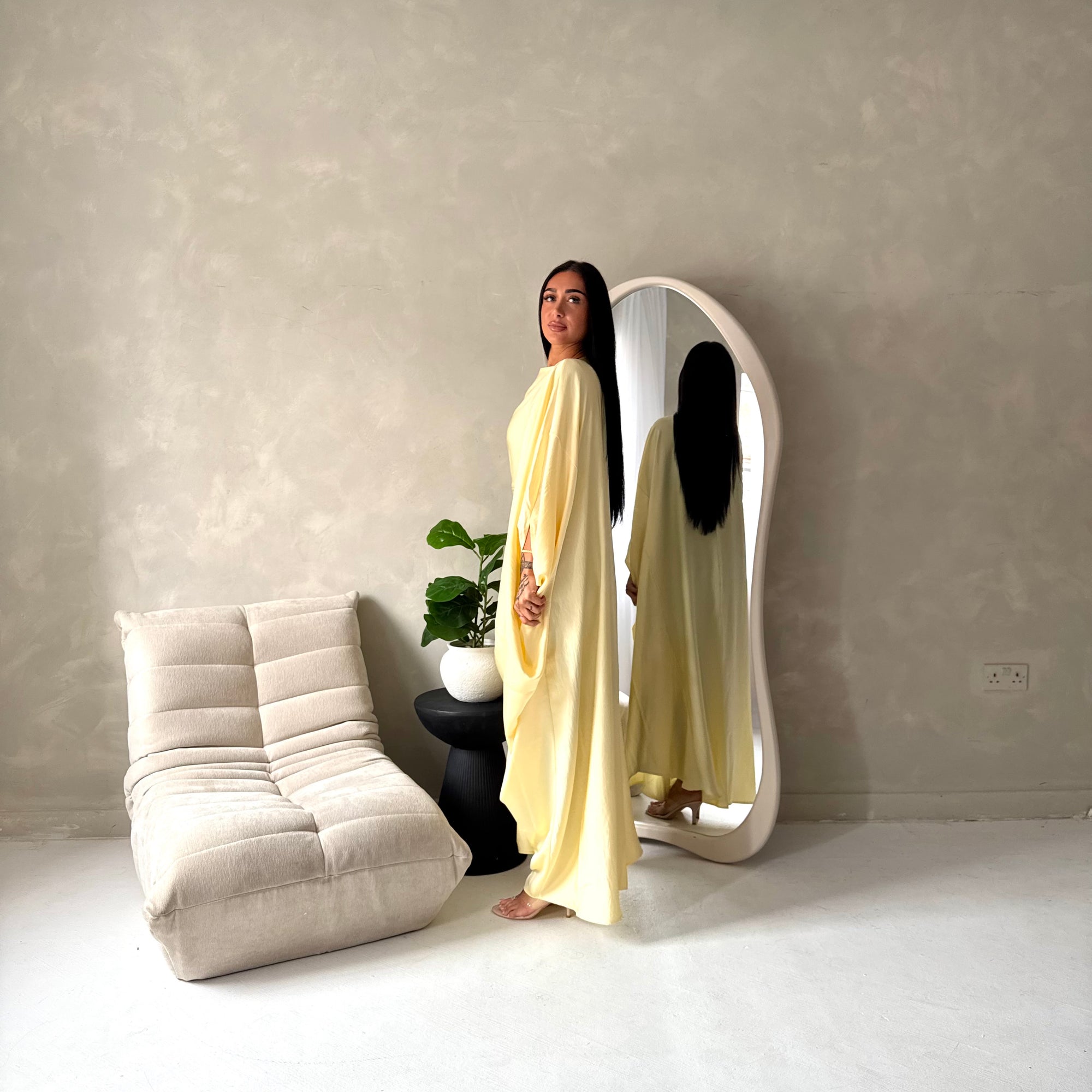 Sahra Yellow Satin Shoulder Gather Kaftan Dress