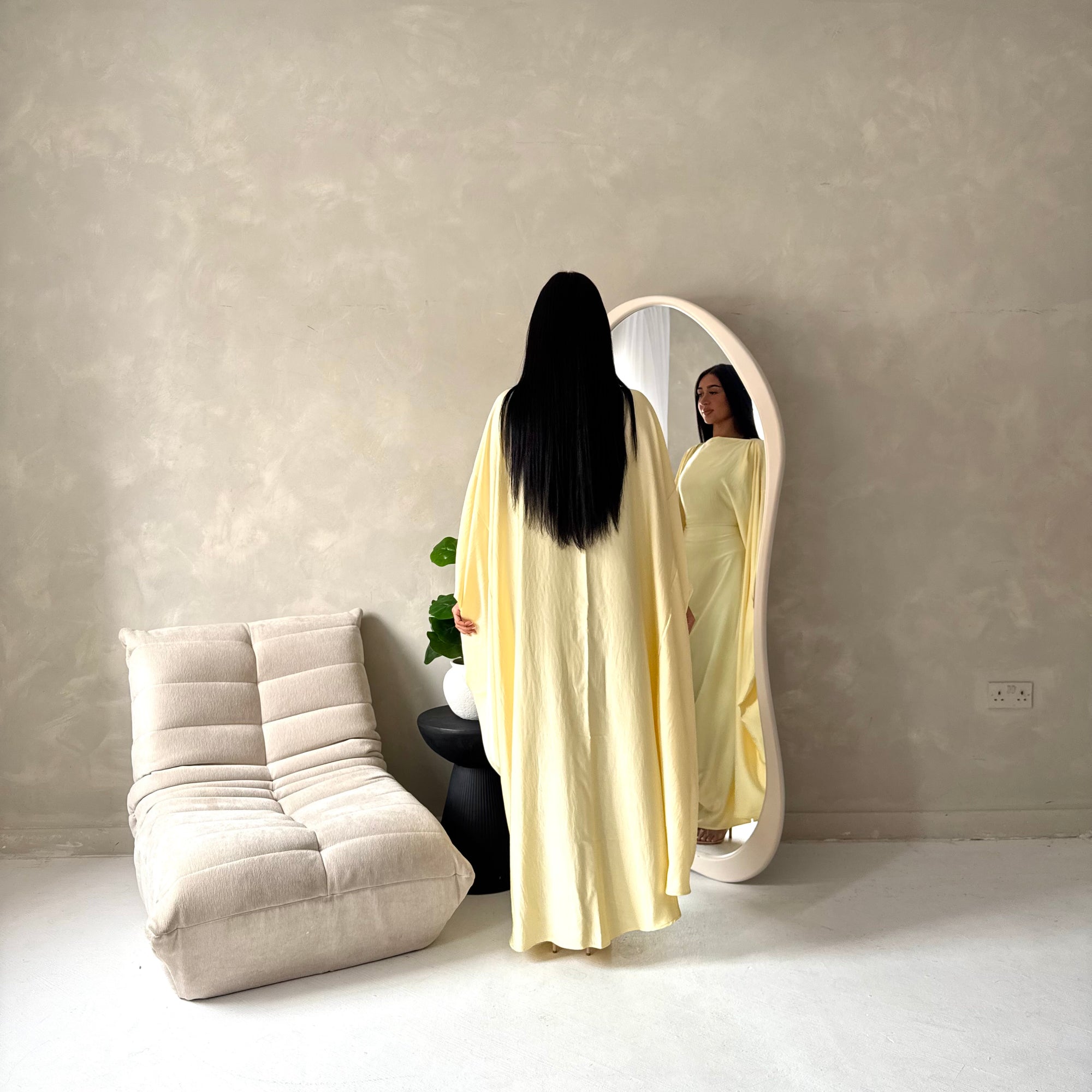 Sahra Yellow Satin Shoulder Gather Kaftan Dress