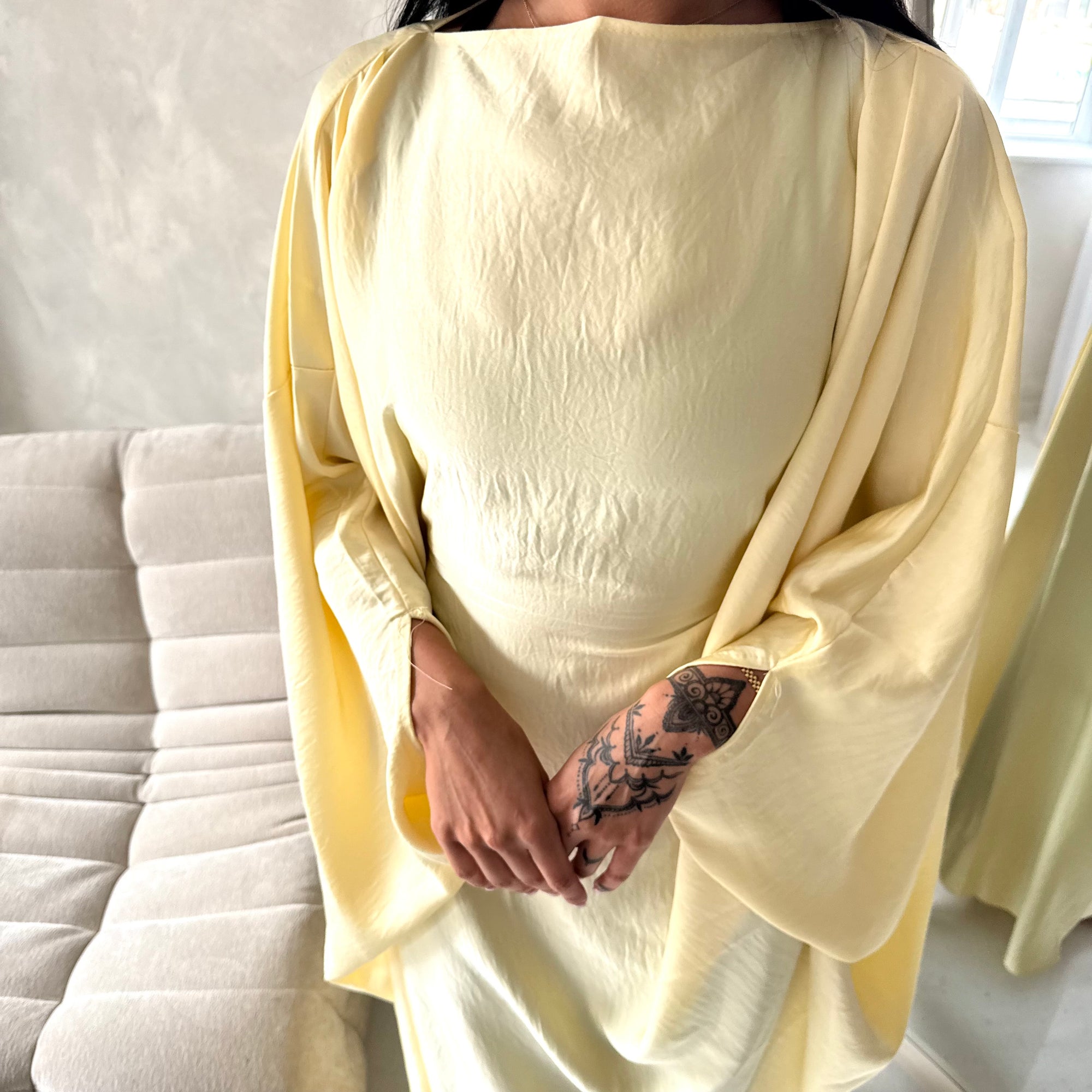 Sahra Yellow Satin Shoulder Gather Kaftan Dress