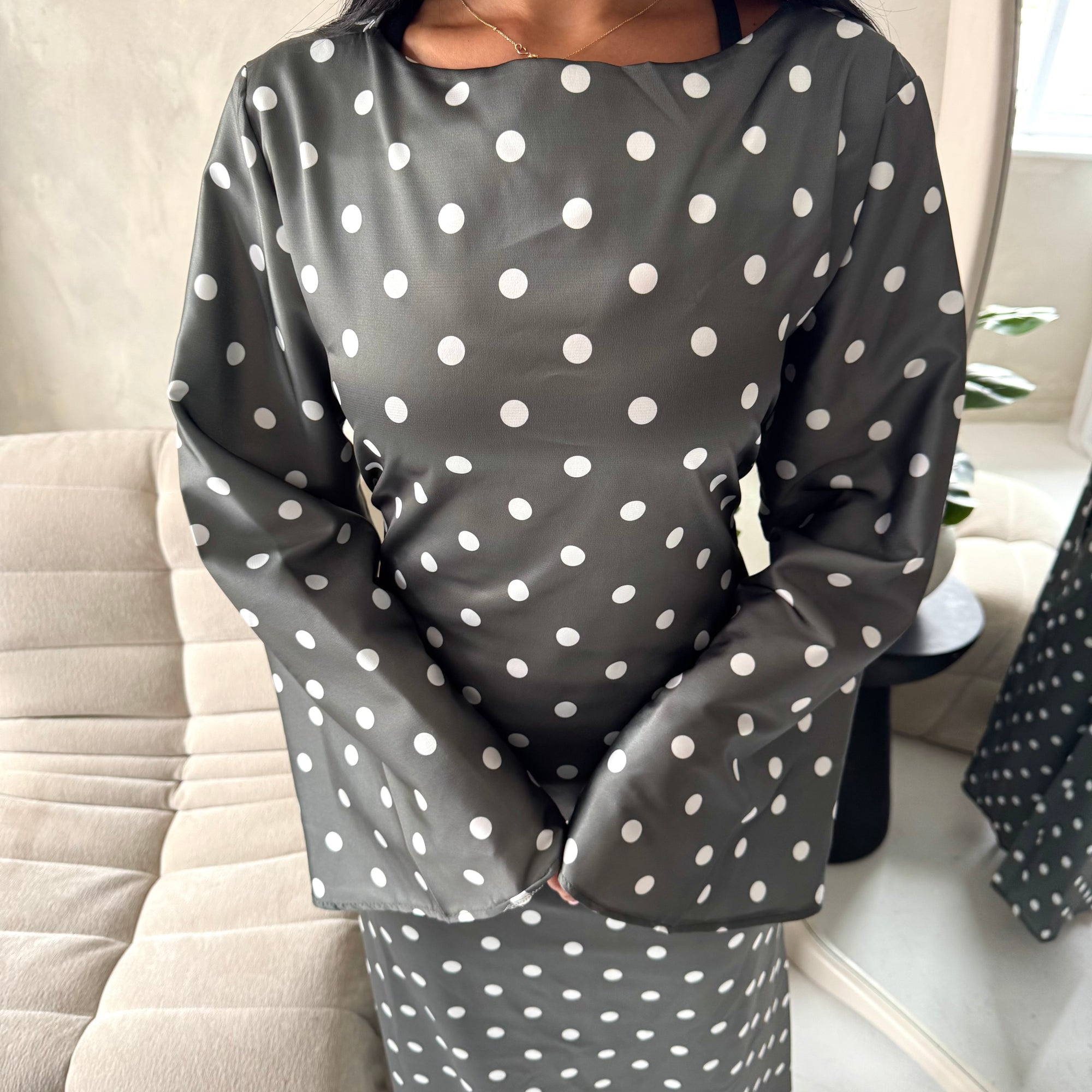 Jayna Khaki Polka Dot Satin Tie Back Dress