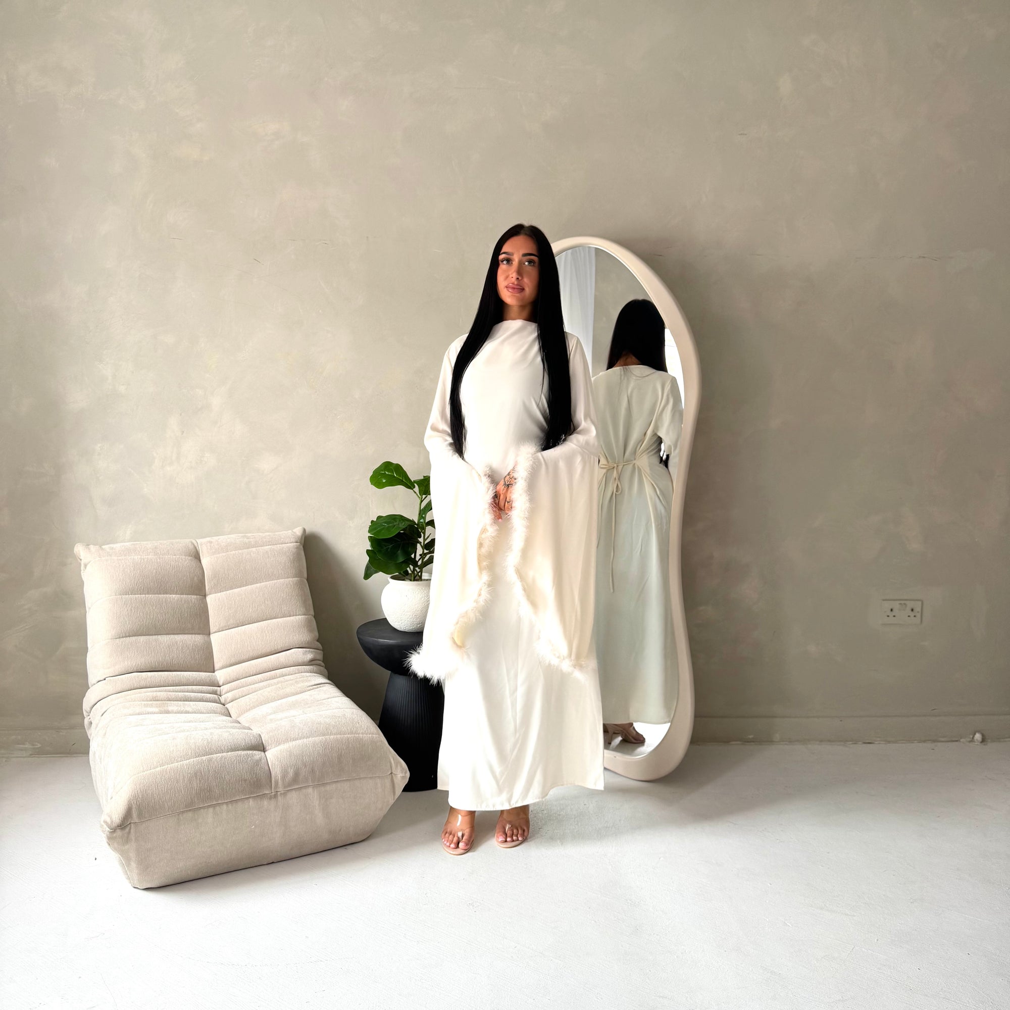 Sonya Cream Extreme Flare Fur Sleeve Tie Back Dress