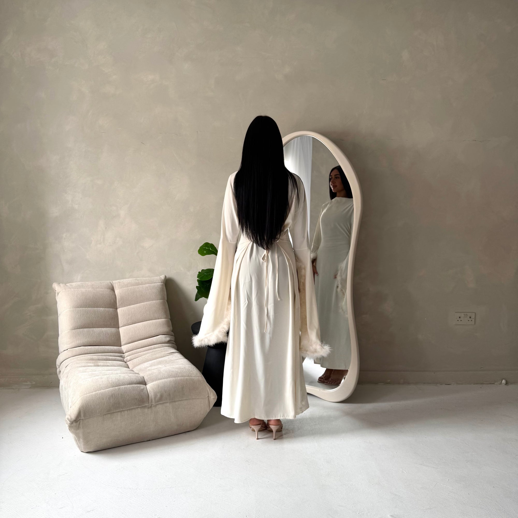 Sonya Cream Extreme Flare Fur Sleeve Tie Back Dress