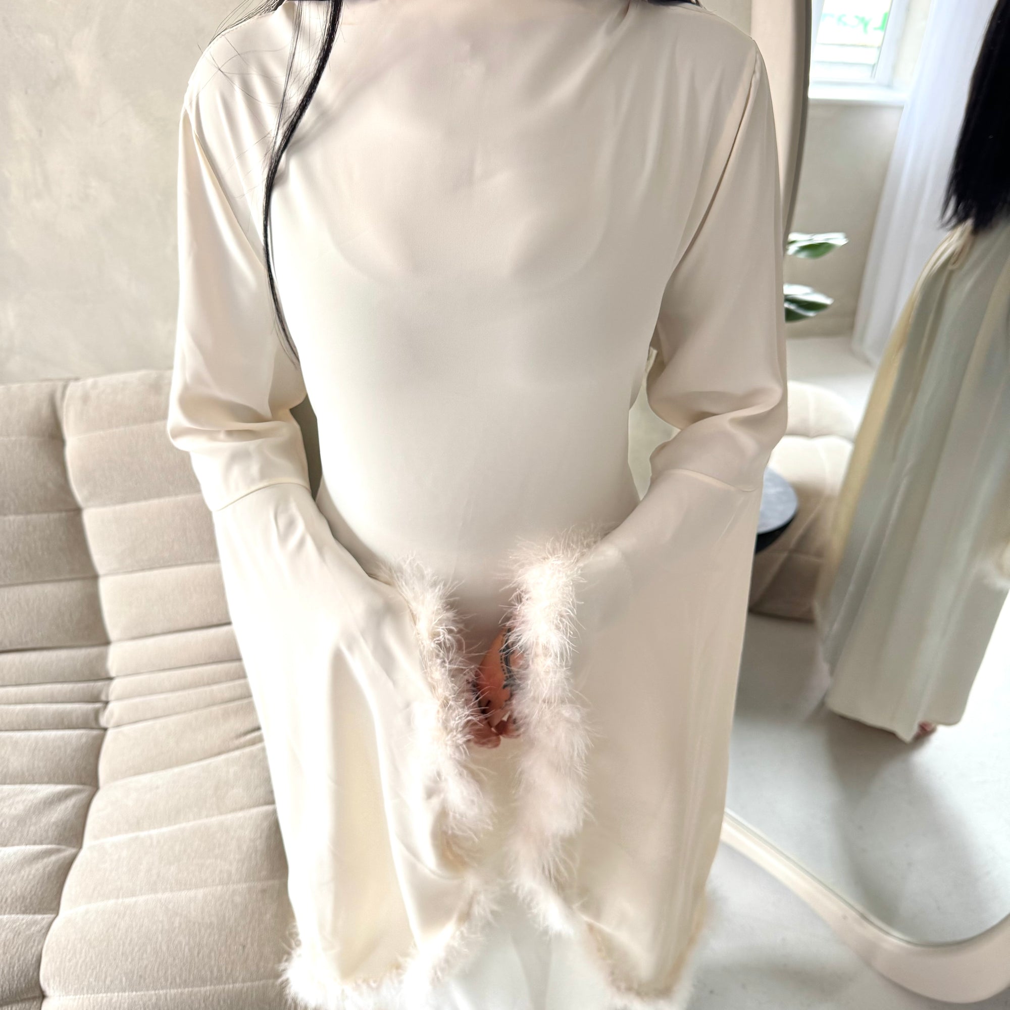 Sonya Cream Extreme Flare Fur Sleeve Tie Back Dress