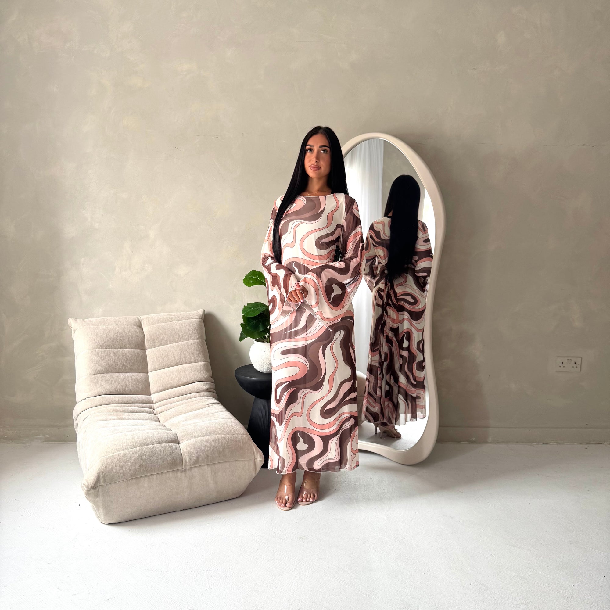 brown swirl print dress Brown Swirl Print Mesh Cowl Neck Maxi Dress