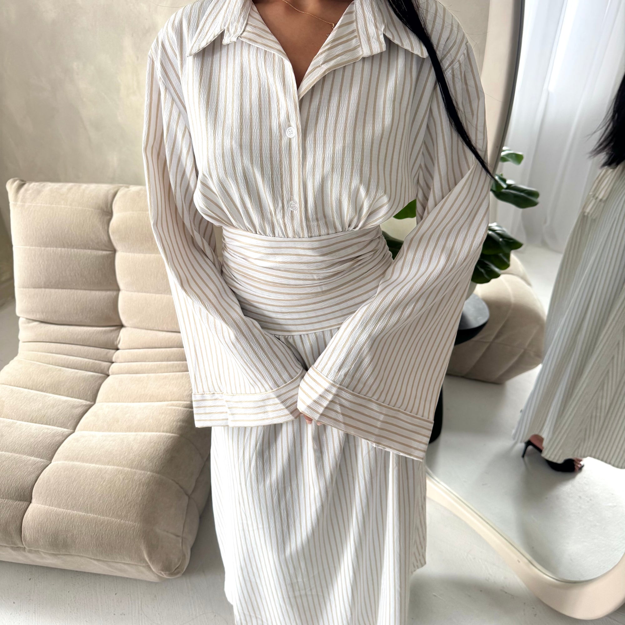Riva Beige Stripe Waist Tie Cinch Summer Shirt Dress – House Of Haniya