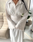 Riva Beige Stripe Waist Tie Cinch Summer Shirt Dress