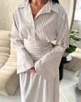 Riva Mocha Stripe Waist Tie Cinch Summer Shirt Dress