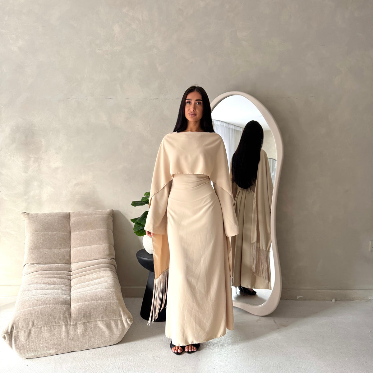Marli Beige Tassel Edge Plain Cape Modest Dress