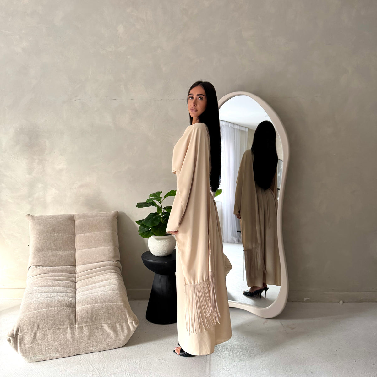 Marli Beige Tassel Edge Plain Cape Modest Dress