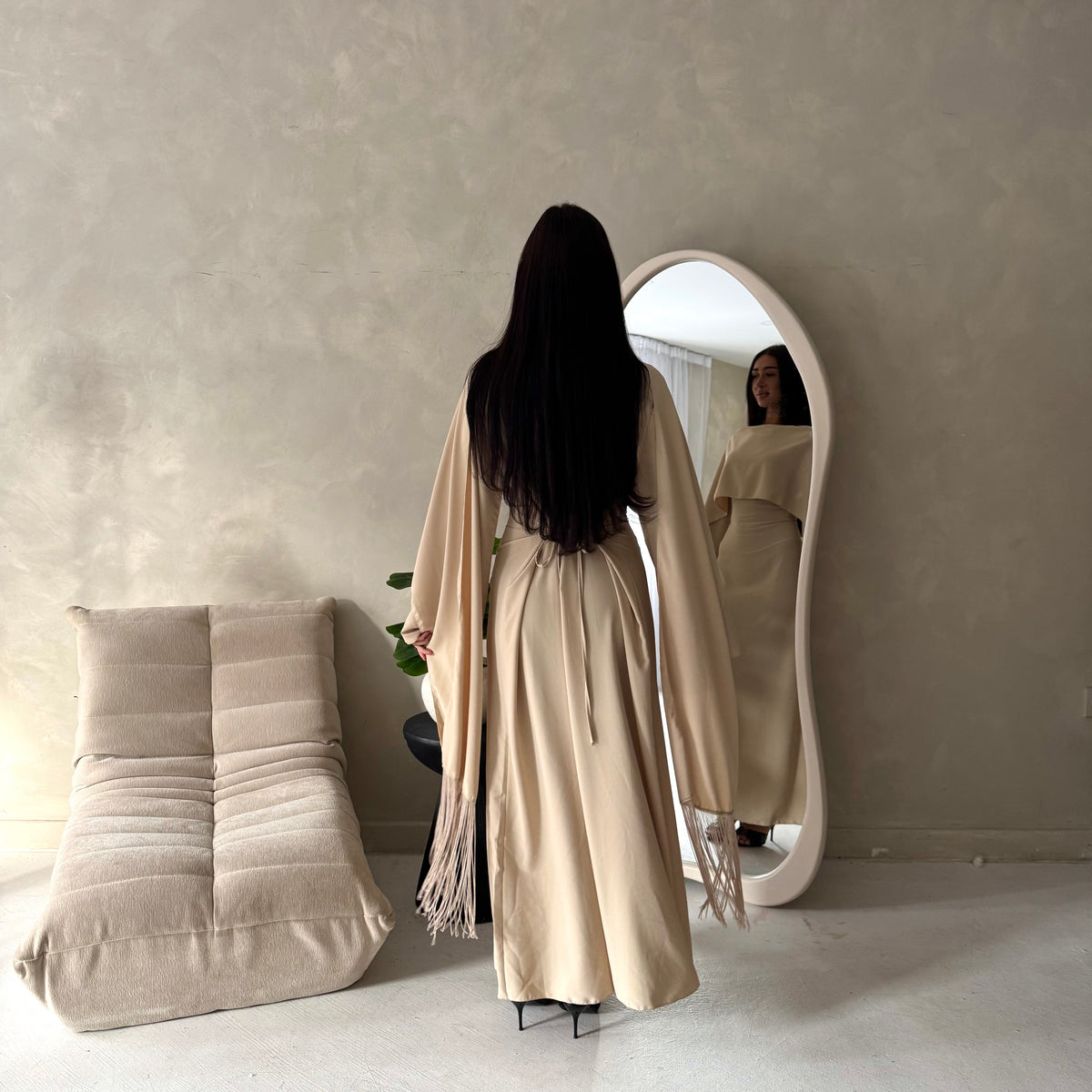 Marli Beige Tassel Edge Plain Cape Modest Dress