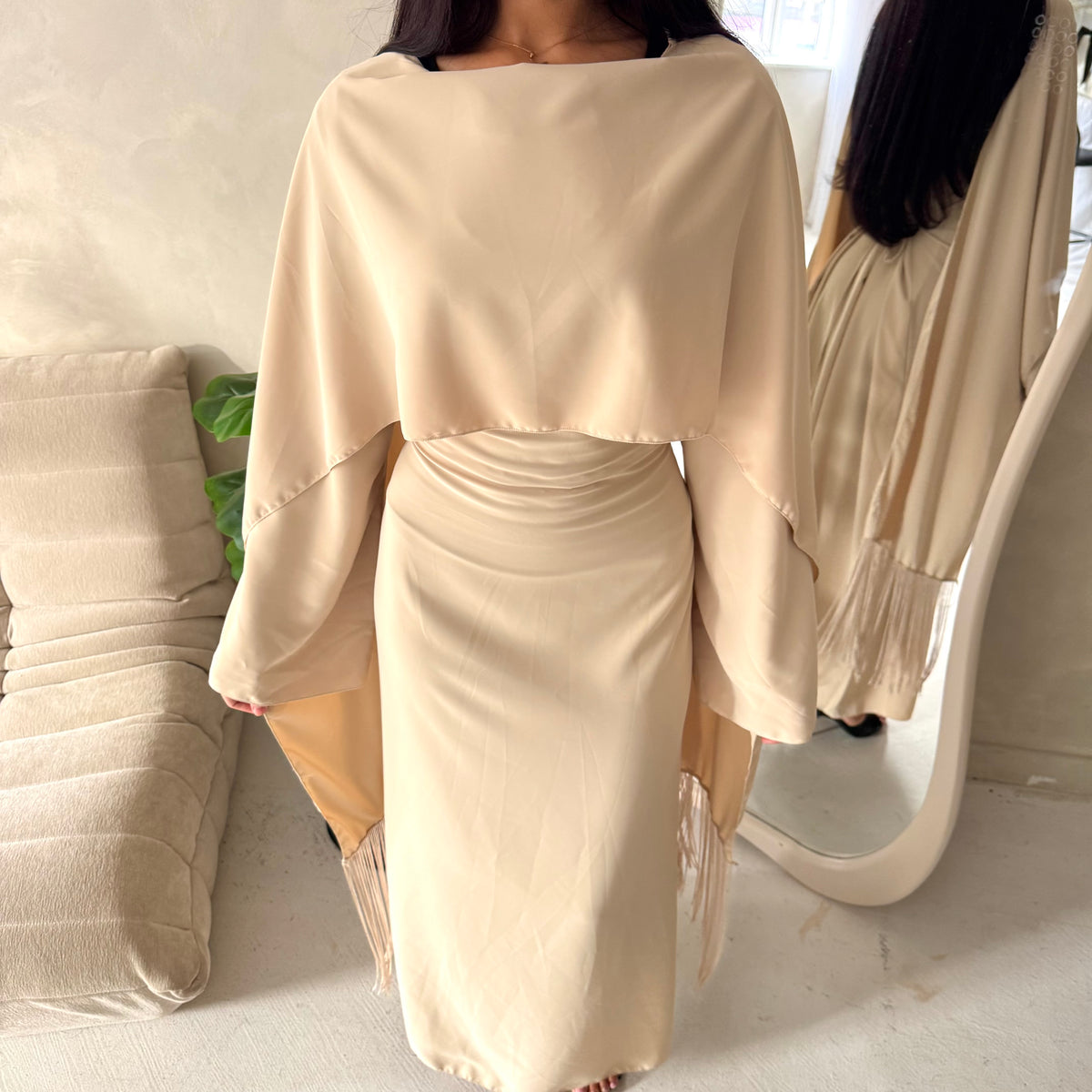 Marli Beige Tassel Edge Plain Cape Modest Dress