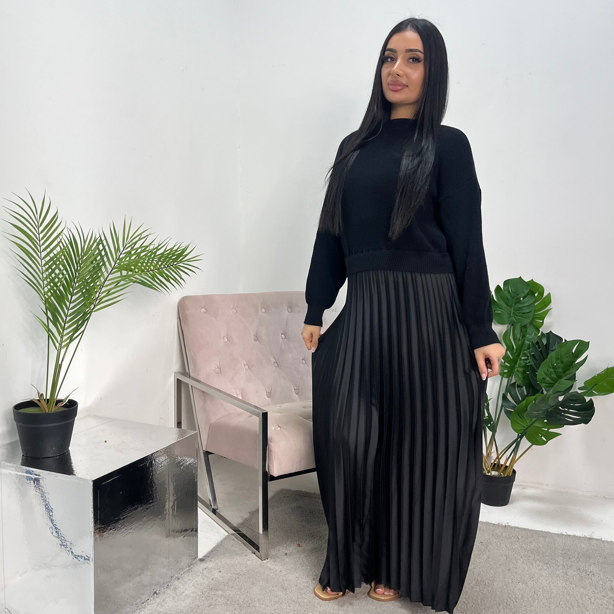 Hima Black Pleated Skirt And Knitted Jumper Dress House Of Haniya Hima Black Pleated Skirt And Knitted Jumper Dress House Of Haniya