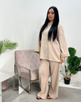 Salia Beige Ribbed Soft Plain Loungewear Set