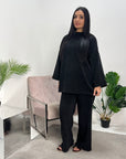 Salia Black Ribbed Soft Plain Loungewear Set