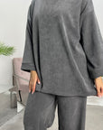 Salia Grey Ribbed Soft Plain Loungewear Set