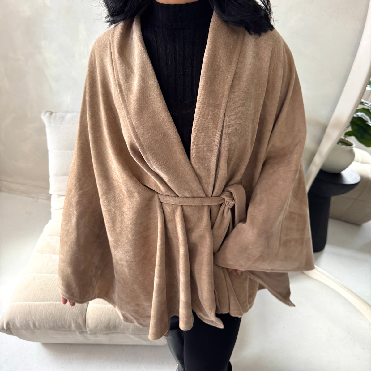 Amara Camel Belted Thick Open Cardigan-House Of Haniya