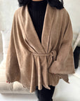 Amara Camel Belted Thick Open Cardigan-House Of Haniya