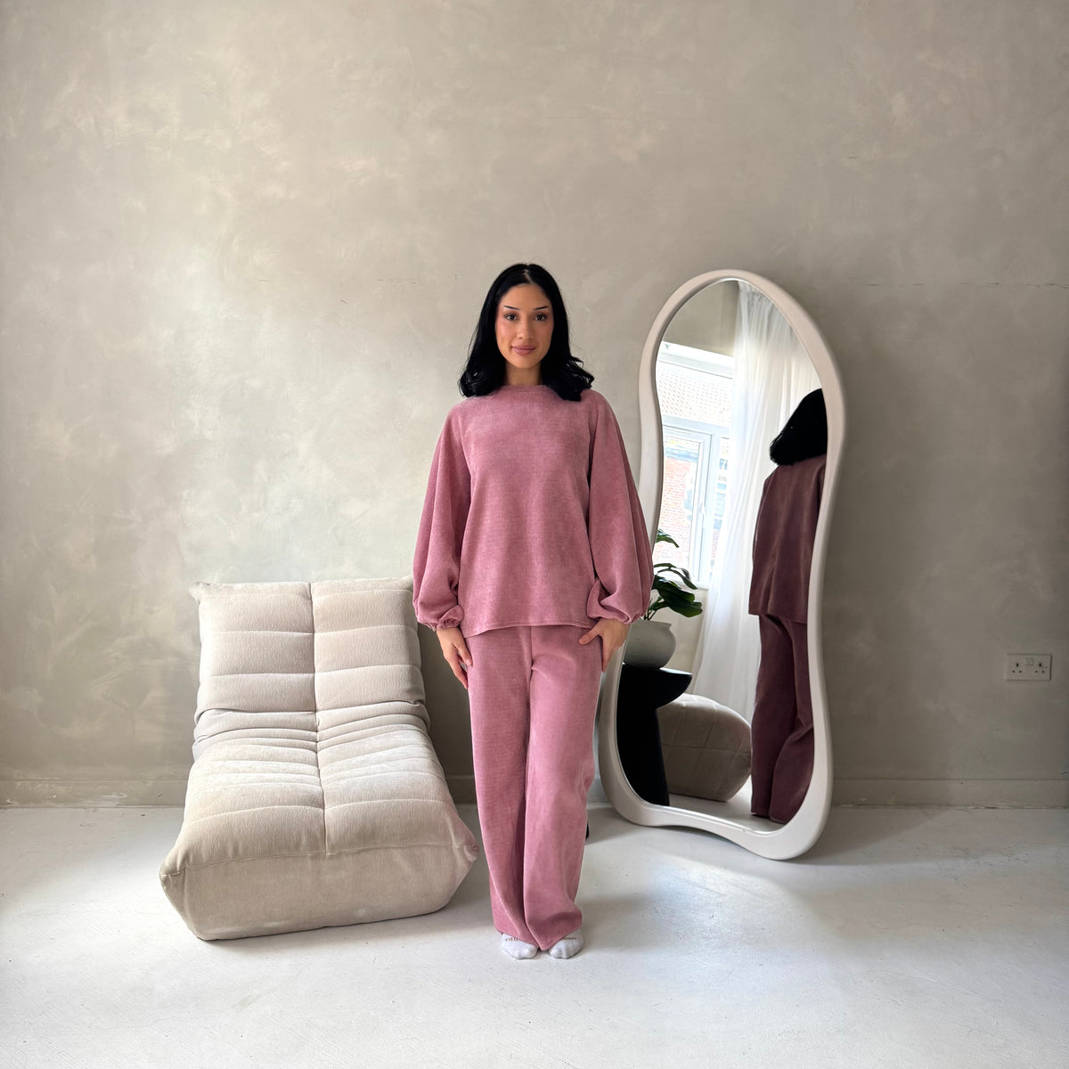 Elika Pink Soft Batwing Top Elasticated Cuff Trouser Co Ord Set