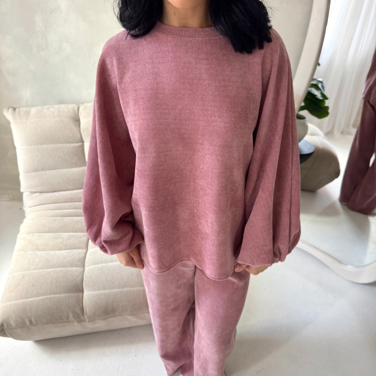 Elika Pink Soft Batwing Top Elasticated Cuff Trouser Co Ord Set