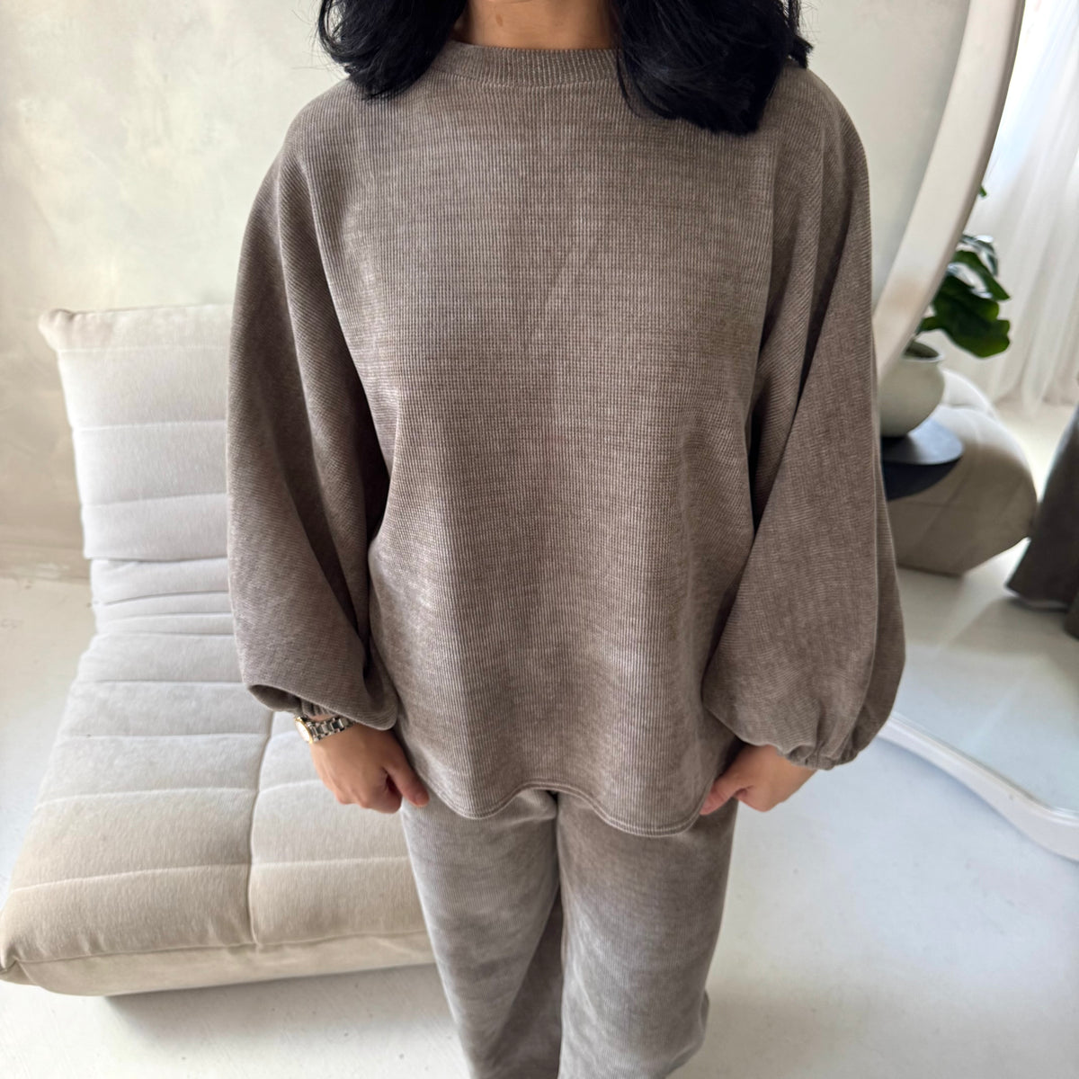 Elika Mocha Soft Batwing Top Elasticated Cuff Trouser Co Ord Set